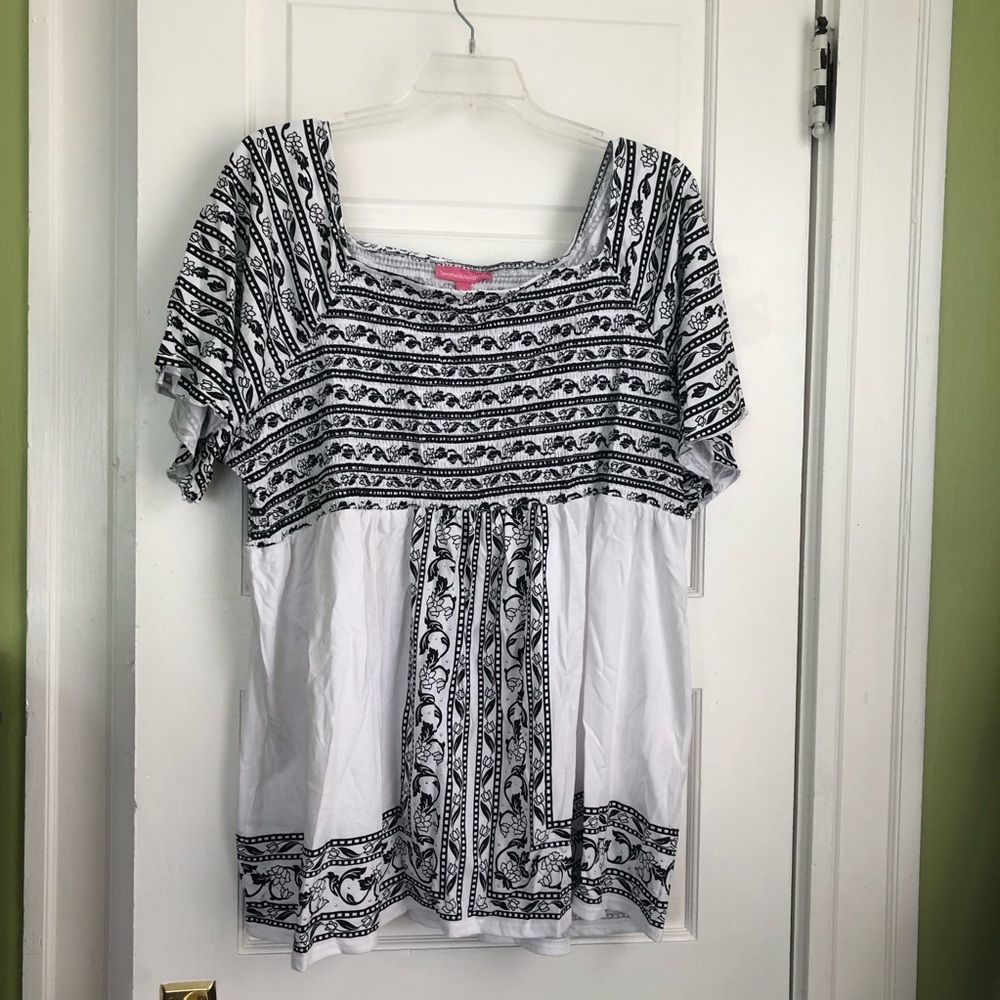 White & Black Embroidered Peasant Top Size 3X